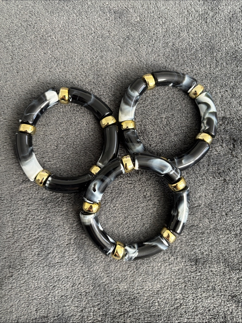 Black & White Marbled Stretch Bracelets with Gold Accents (Set of 3)